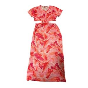 Miken Swim Pink Orange Tropical Floral Mesh Cutout Maxi Dress Cover Up Small NWT